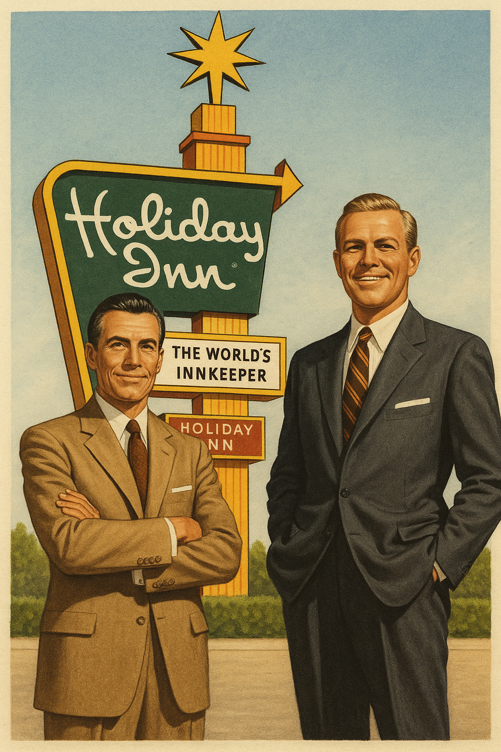 Retro illustration of two men in suits standing in front of a classic Holiday Inn sign with a star on top